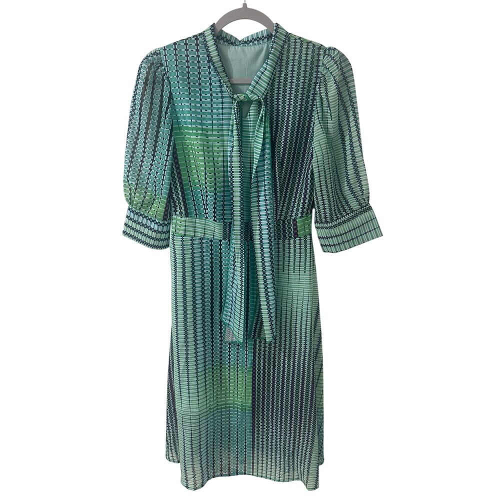 Vintage Retro Geometric Print Mod Revival Chiffon Small Dress Secretary